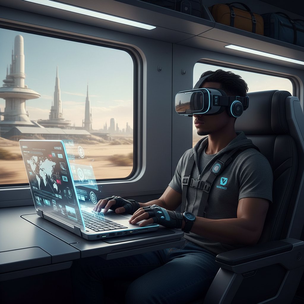 Osoba w okularach VR siedzi przy laptopie, obok drugi użytkownik z telefonem, ekran pokazuje profil podróżniczy