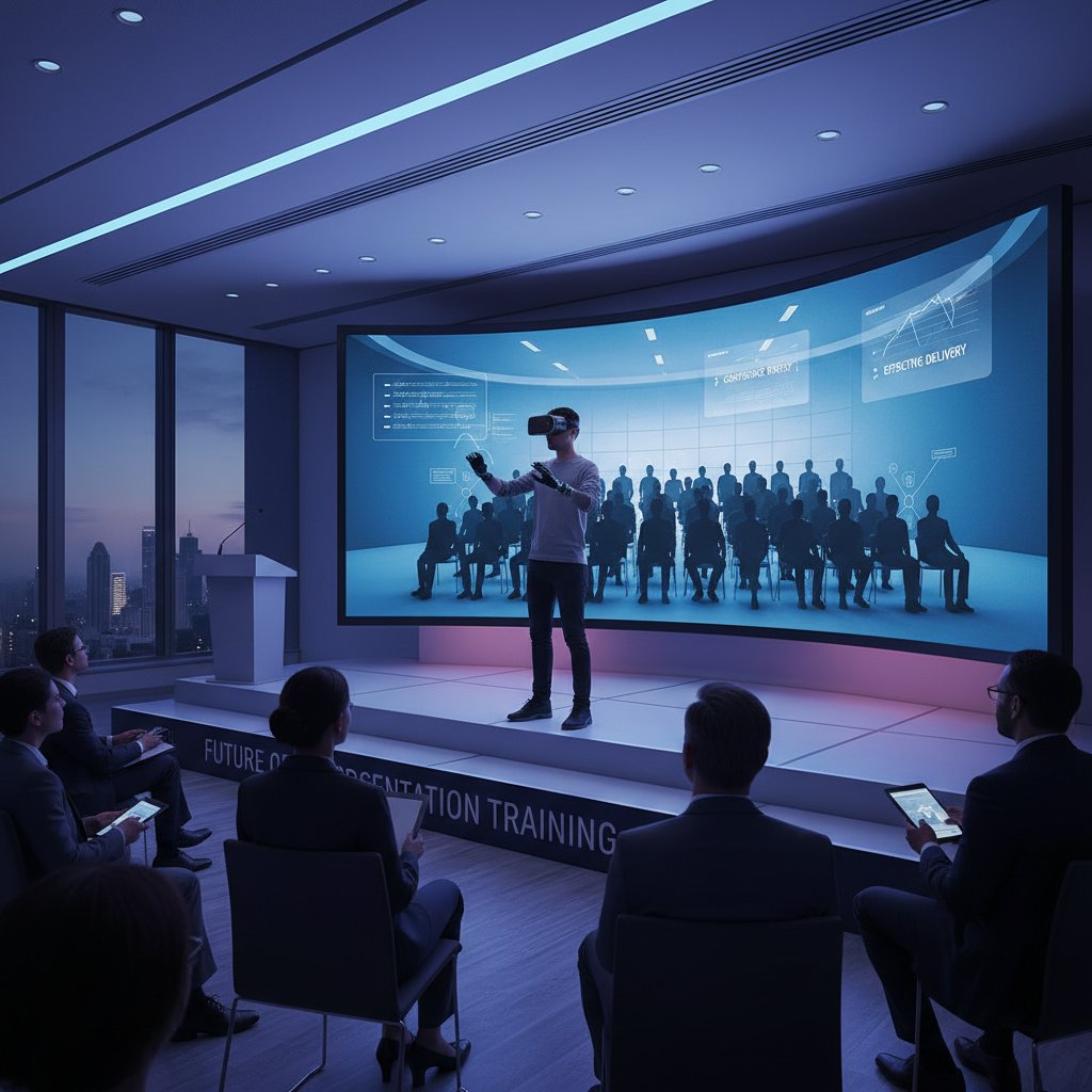 Prezentujący korzystający z headsetu VR, przygotowujący się do wirtualnej prezentacji w realistycznej sali konferencyjnej