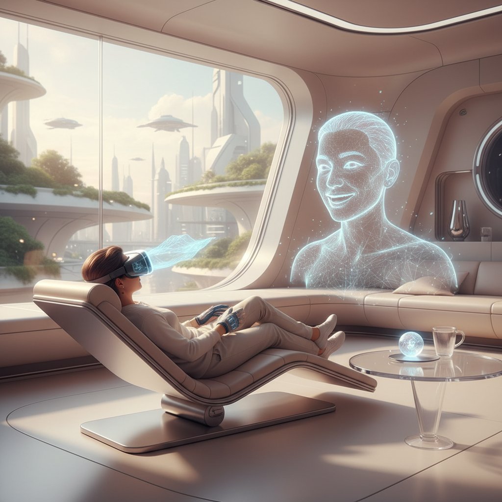 Osoba korzystająca z VR do relaksacyjnej rozmowy, zanurzenie w cyfrowym świecie, technologia przyszłości