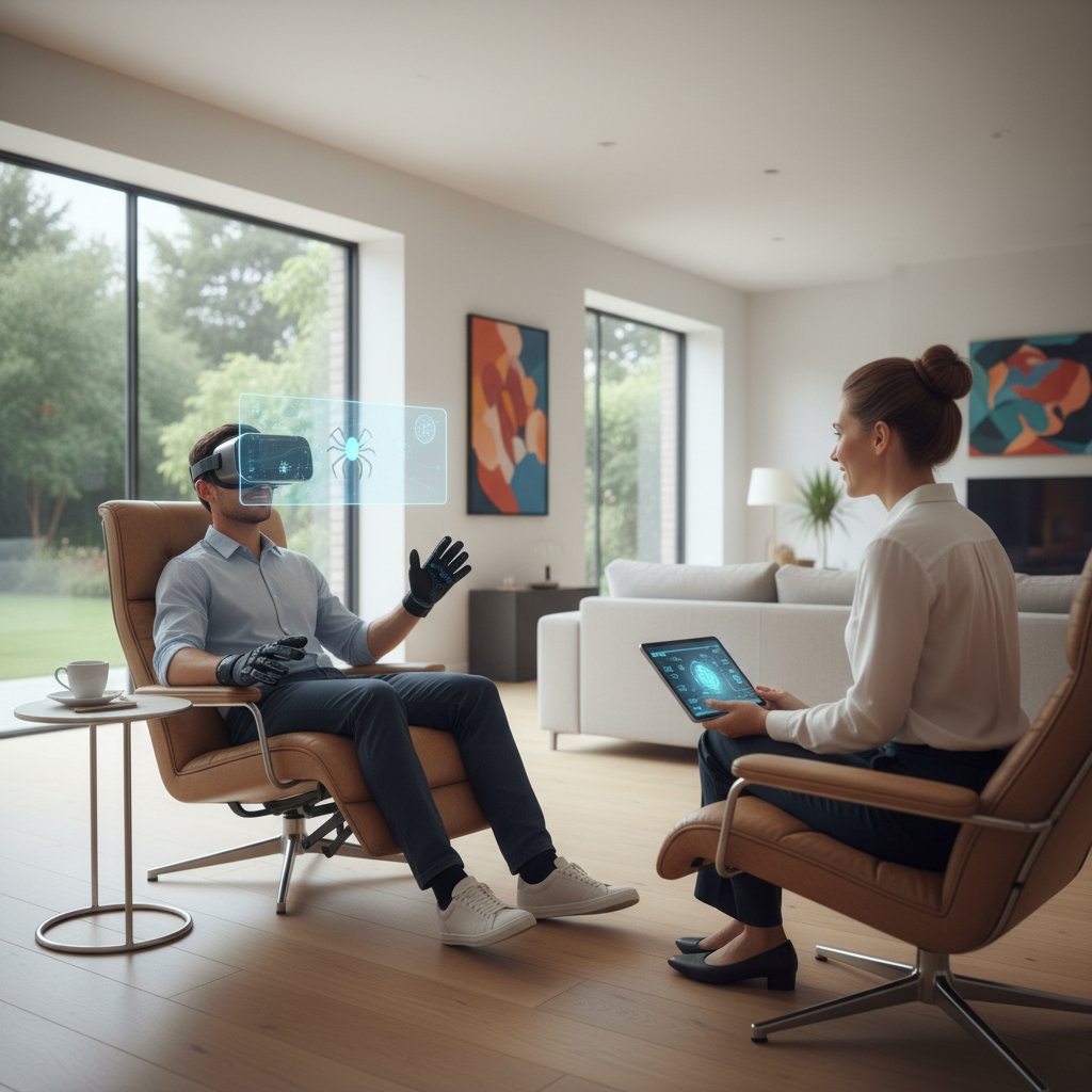 Osoba korzystająca z nowoczesnego urządzenia VR w realistycznej domowej scenerii, skoncentrowana na terapii.