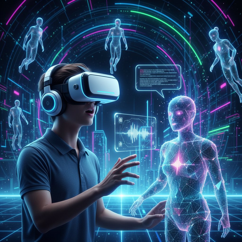 Osoba korzystająca z gogli VR i słuchawek, rozmawia z AI w wirtualnej przestrzeni, przyszłość kumpli online