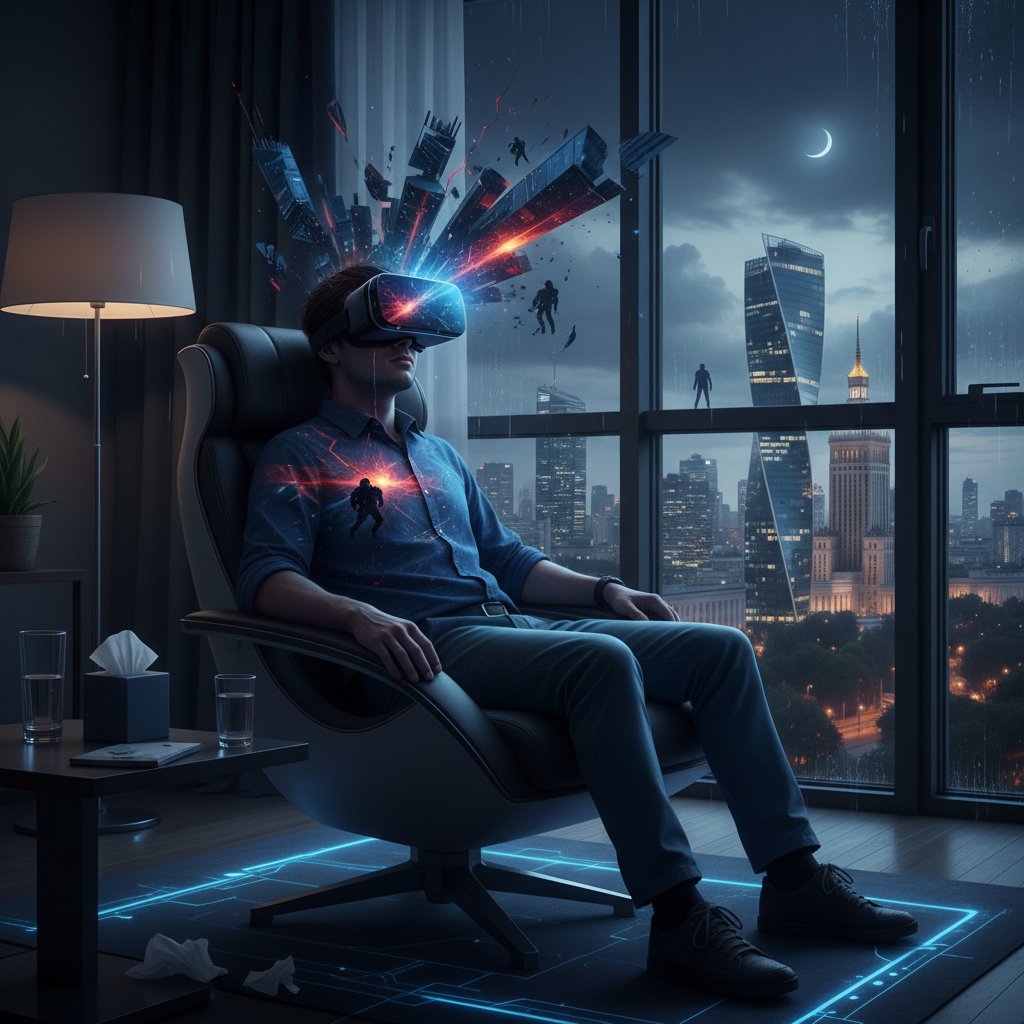 Osoba korzystająca z terapii VR w ciemnym pokoju, ekran komputera rozświetla twarz, wokół symbole emocji, panoramą Warszawy