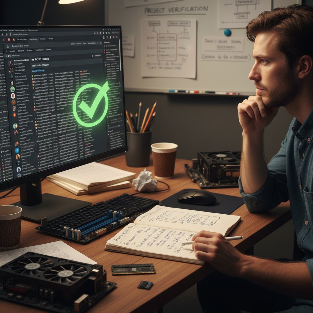 Osoba z notatnikiem i komputerem, sprawdzająca odpowiedzi z forum – weryfikacja porad