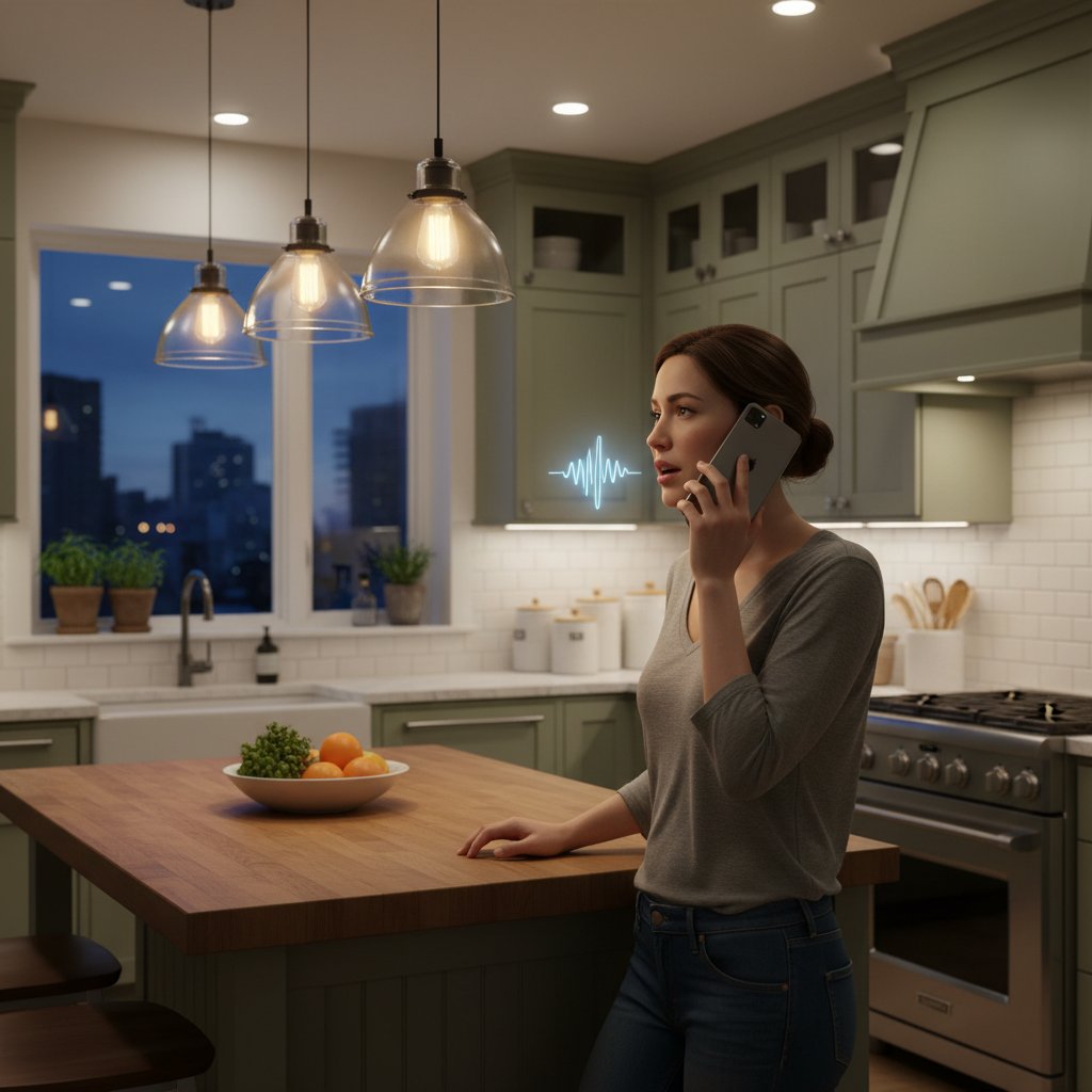 Osoba rozmawiająca z chatbotem głosowym przez smartfon, jasne kuchenne światło