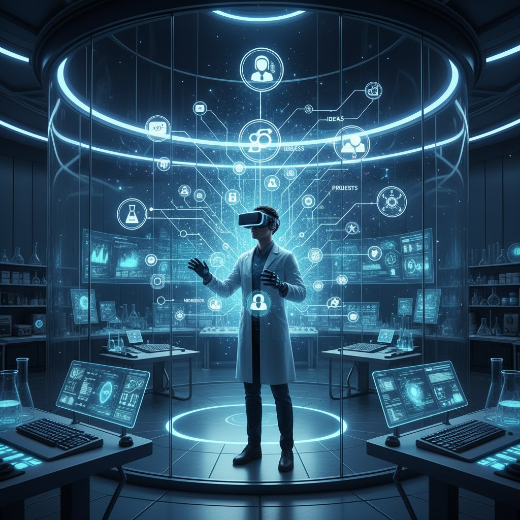 Osoba w okularach VR eksploruje trójwymiarową mapę myśli, futurystyczne laboratorium