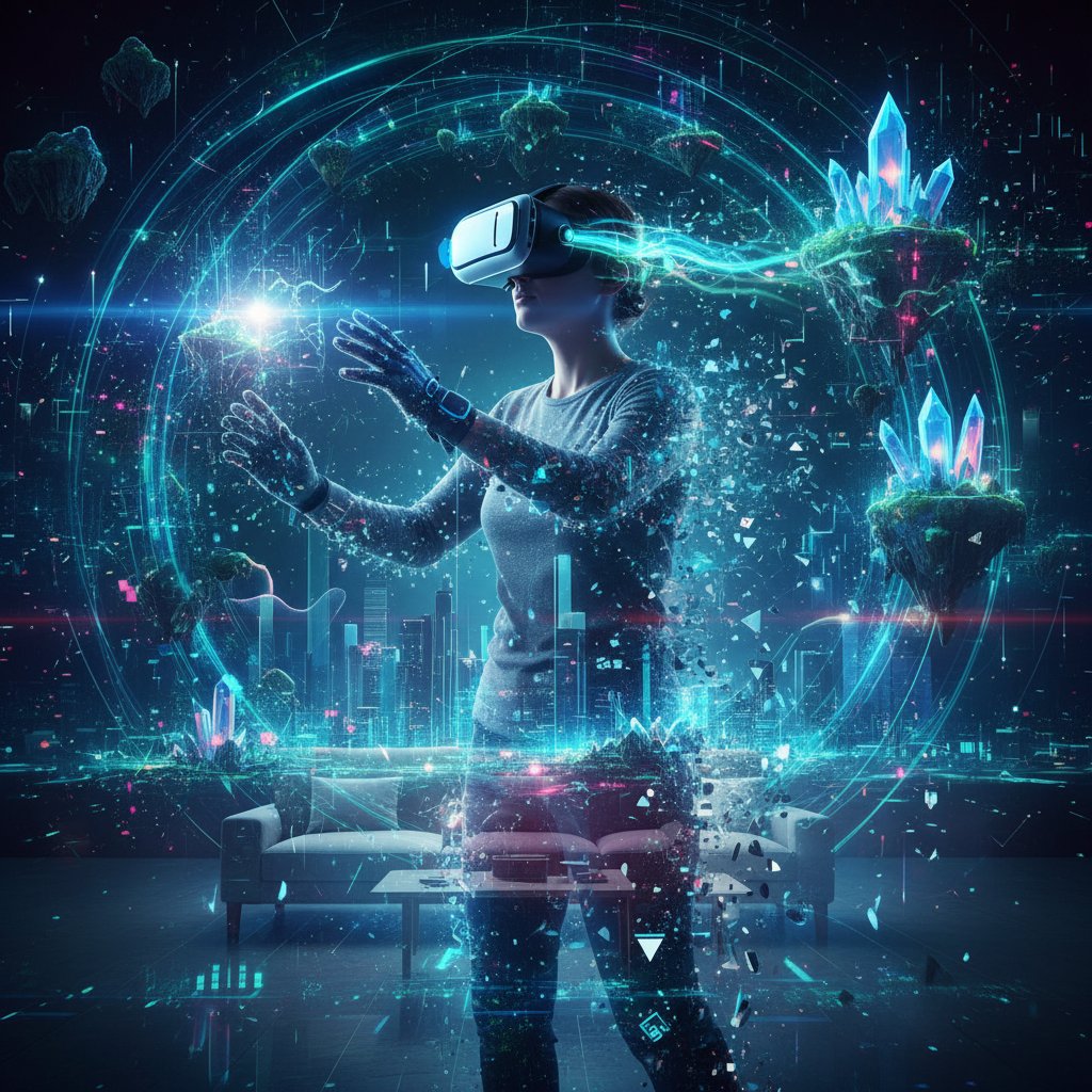 Użytkownik w goglach VR, zanurzony w świecie cyfrowym, wokół rozmyte obrazy rzeczywistości