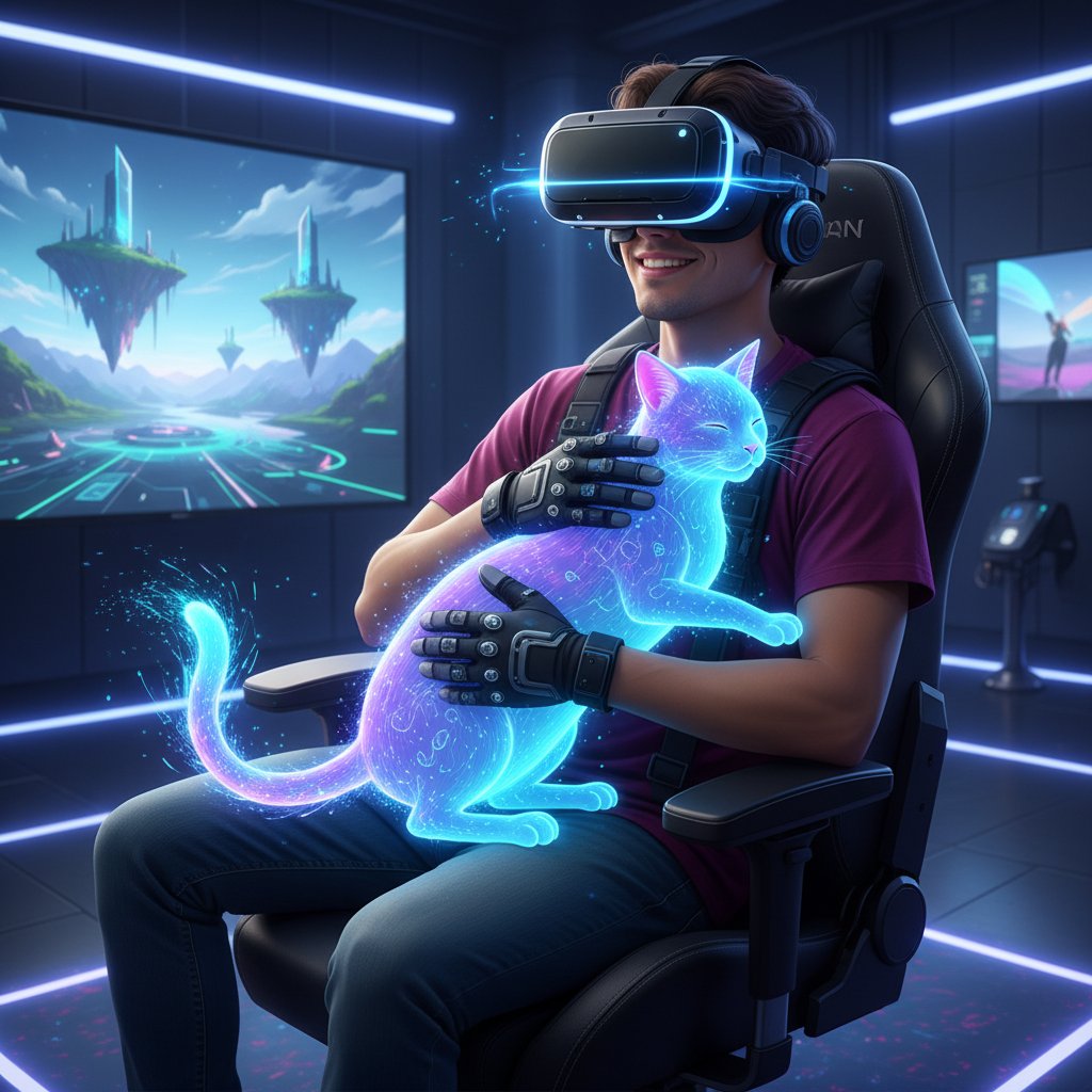 Osoba w okularach VR, obejmująca wirtualnego kota w realistycznym otoczeniu