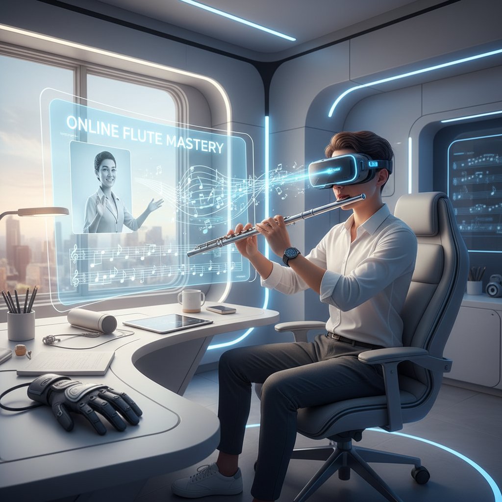 Osoba w okularach VR grająca na flecie, nowoczesna technologia w edukacji muzycznej, trendy online flute learning