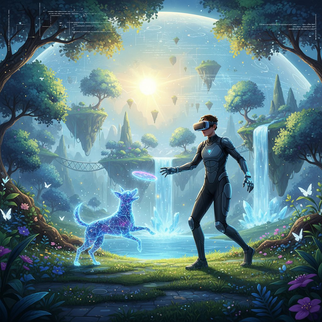 Osoba w okularach VR bawiąca się z cyfrowym psem w wirtualnym parku