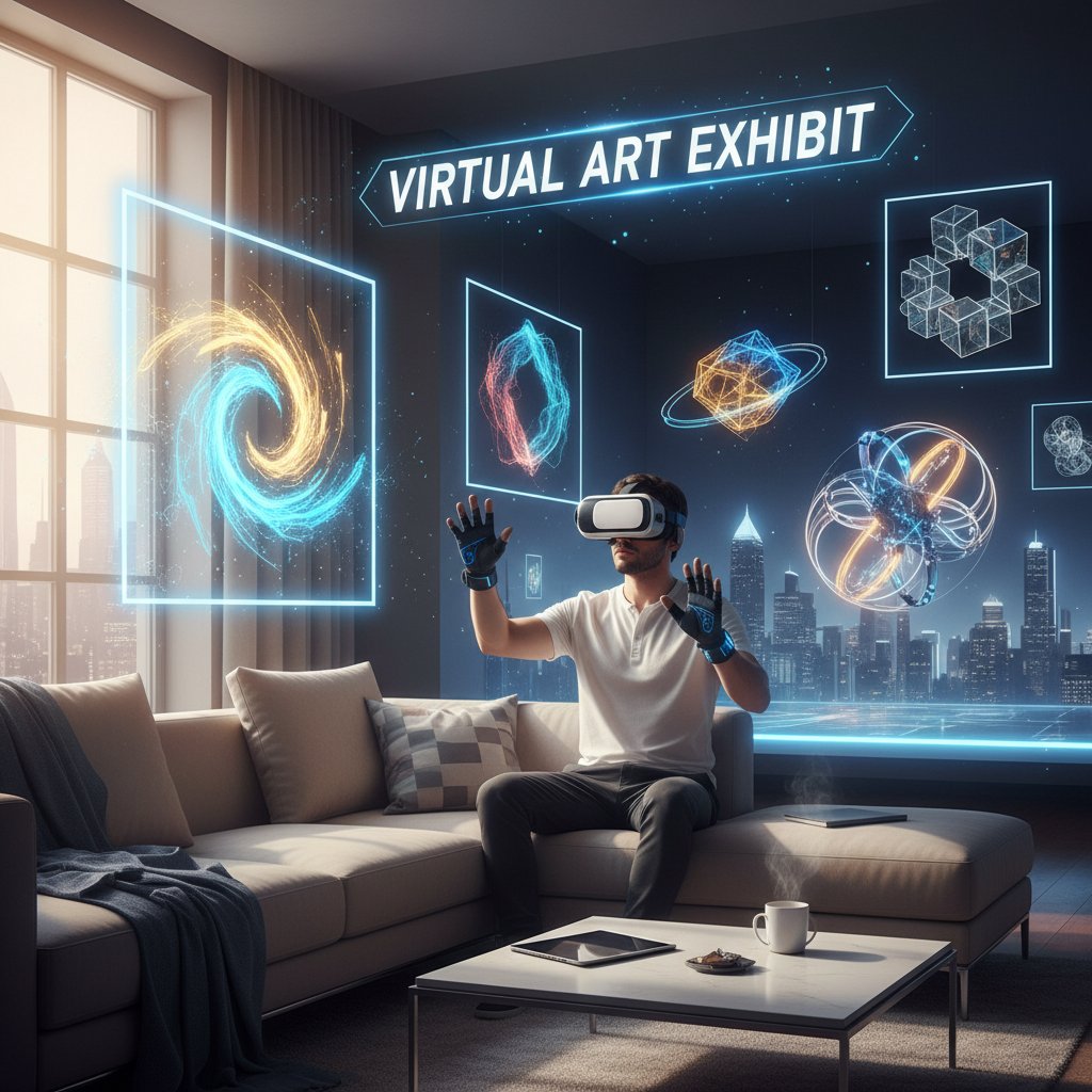 Osoba w goglach VR uczestnicząca w wirtualnej wystawie sztuki w domowym otoczeniu