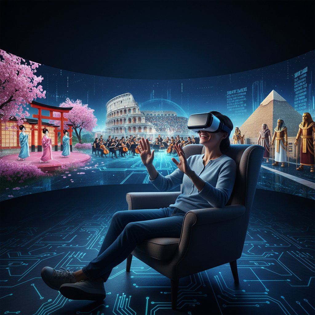 Osoba w goglach VR uczestnicząca w wirtualnym wydarzeniu kulturalnym