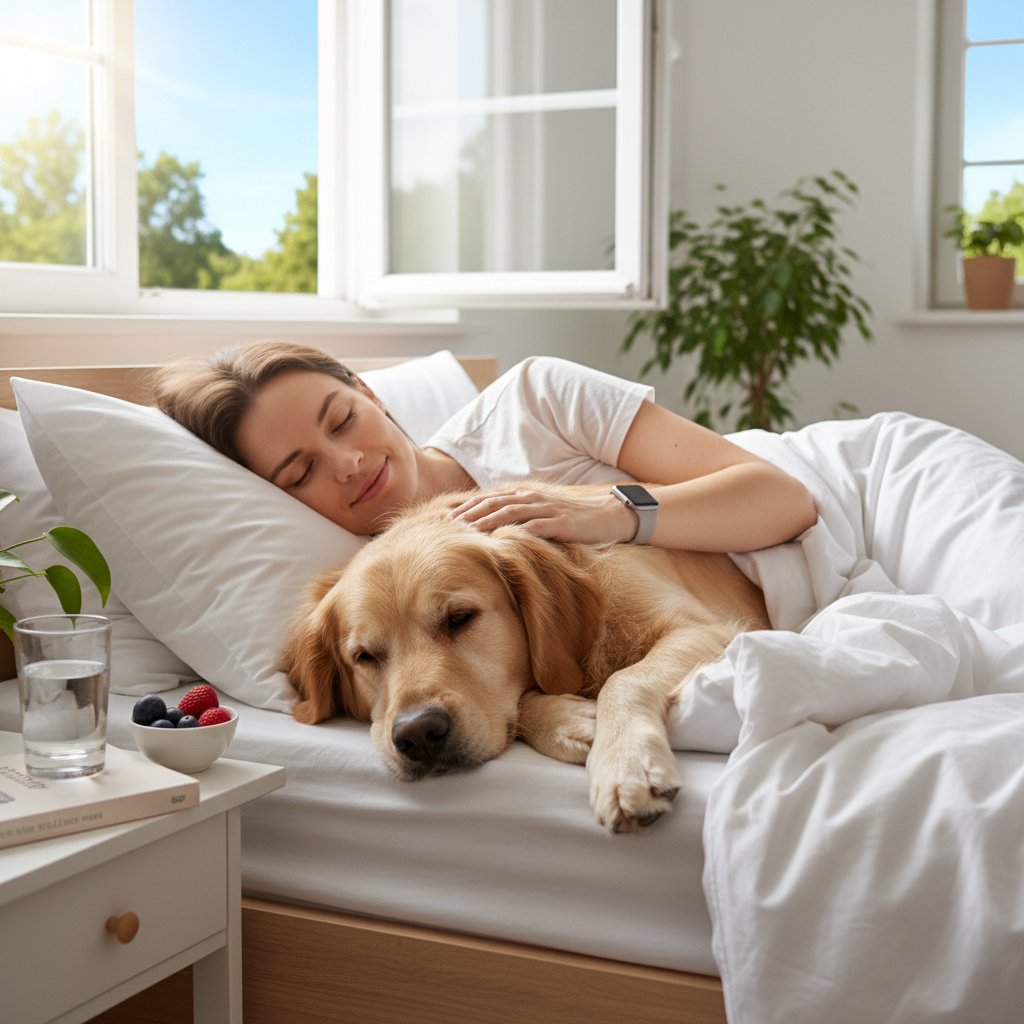 Osoba budząca się wypoczęta rano, spokojny wyraz twarzy, wsparcie emocjonalne, zdrowie fizyczne