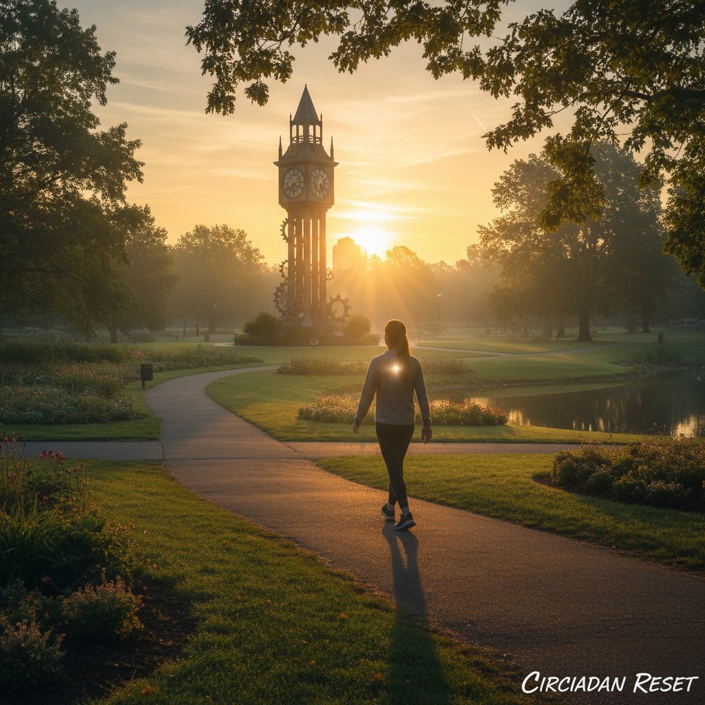 Osoba spacerująca o świcie po parku – reset zegara biologicznego przez ekspozycję na światło