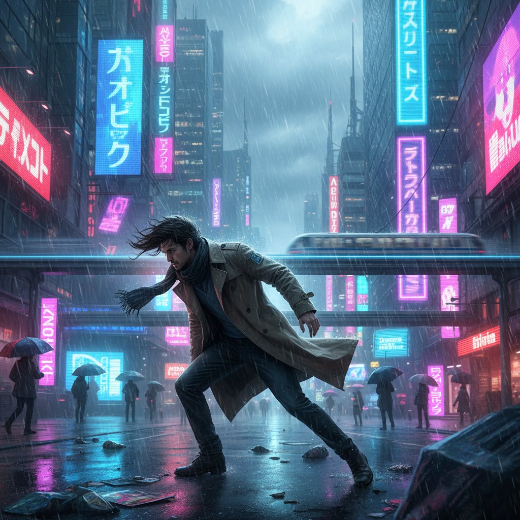 Zdjęcie osoby idącej pod wiatr w neonowym mieście – symbol wytrwałości i sprawczości