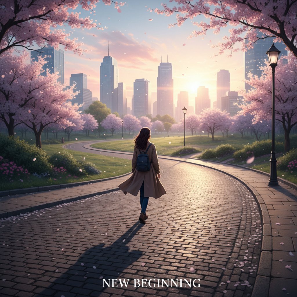 Symboliczny obraz nowego początku – osoba idąca samotnie przez pustą ulicę o świcie