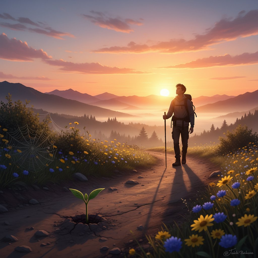 Osoba idąca samotnie w stronę wschodzącego słońca – symbol nadziei po terapii MBCT