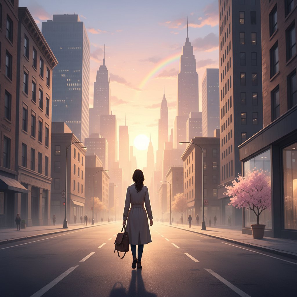 Osoba idąca przez miasto o świcie, symbol nadziei i nowego początku po trudnych doświadczeniach