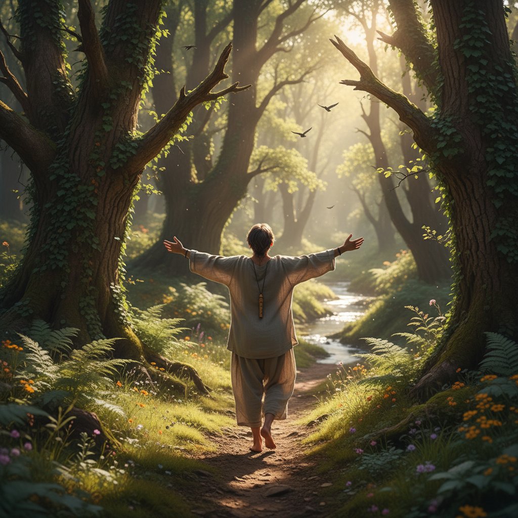 Osoba wędrująca po lesie, z dala od urządzeń cyfrowych, symbolizująca wolność od presji online