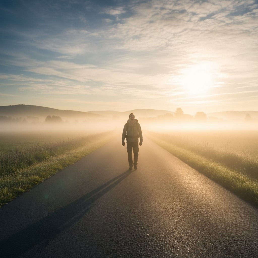 Osoba wychodząca z mgły na jasną drogę.