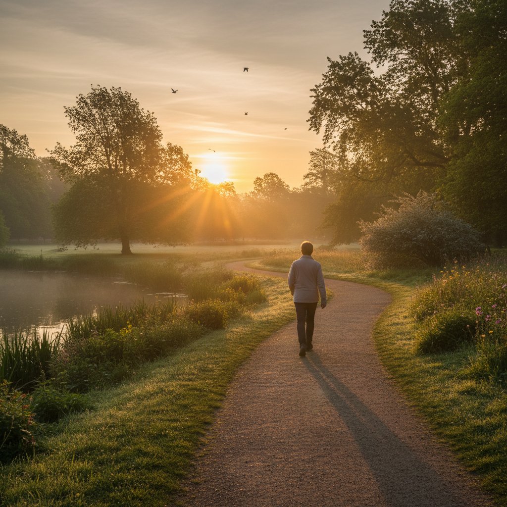 Osoba spacerująca wcześnie rano, oświetlona wschodzącym słońcem, pusty park, symbol walki z nocnym trybem życia