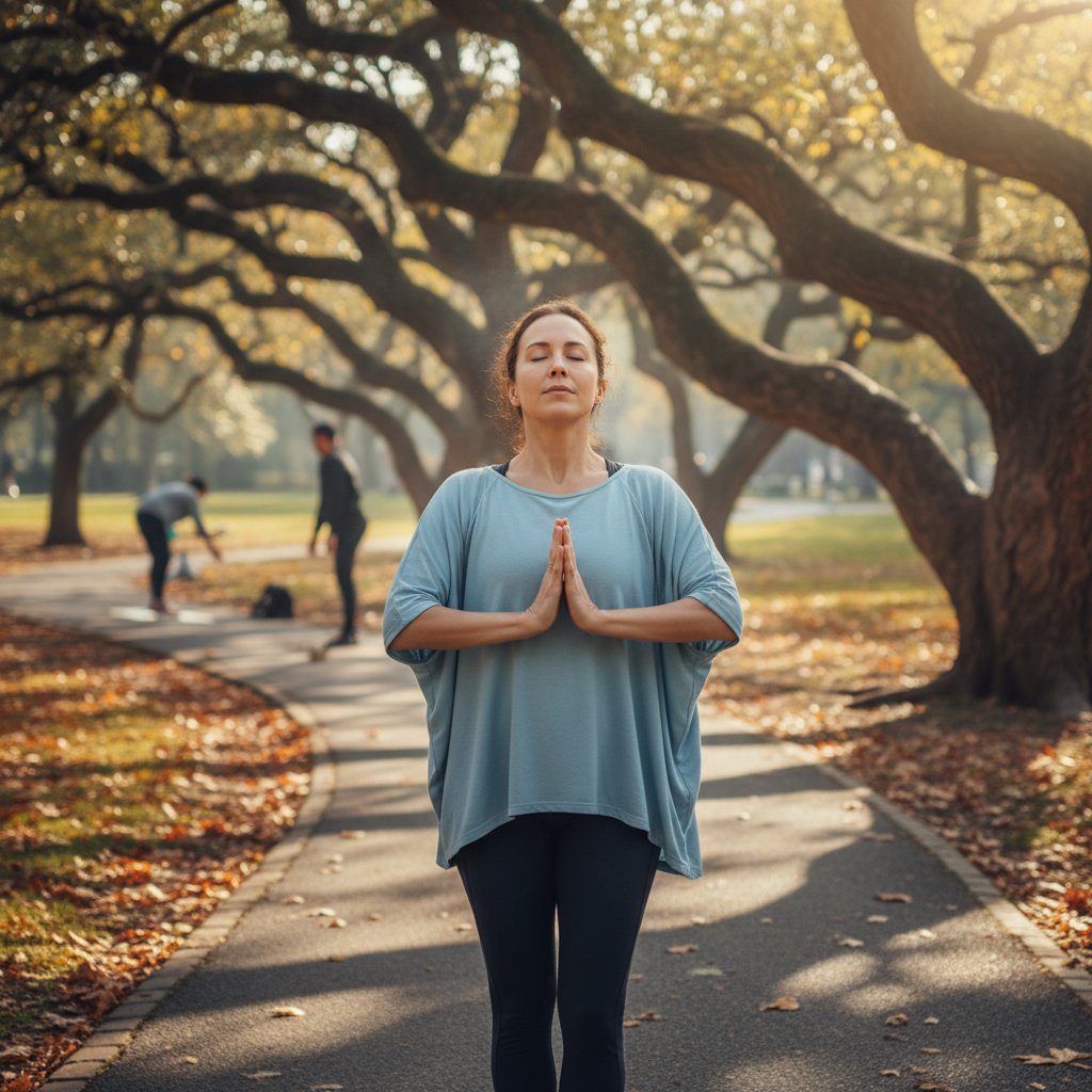 "Osoba na spacerze w parku – ćwiczenie oddechowe jako strategia radzenia sobie z napięciem"