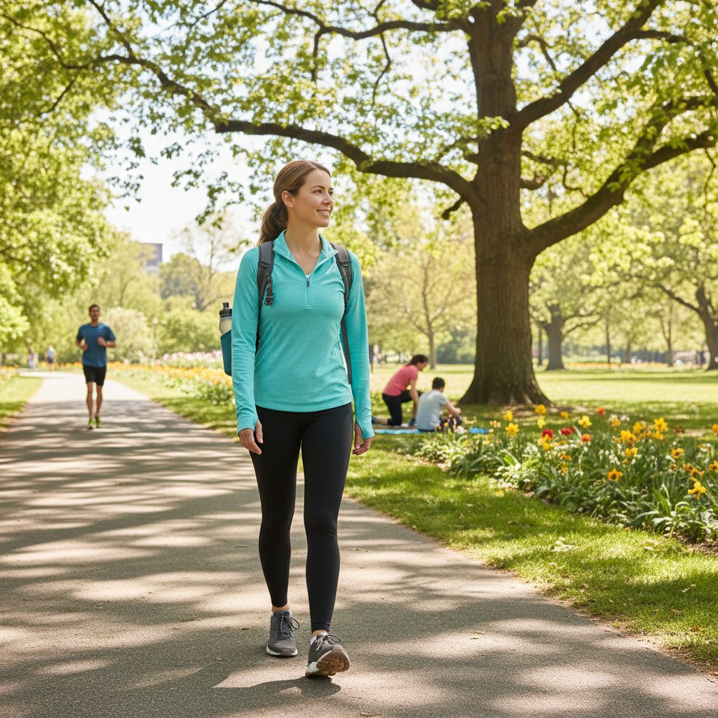 Osoba spacerująca po parku, pogodny dzień, radość, zdrowy styl życia