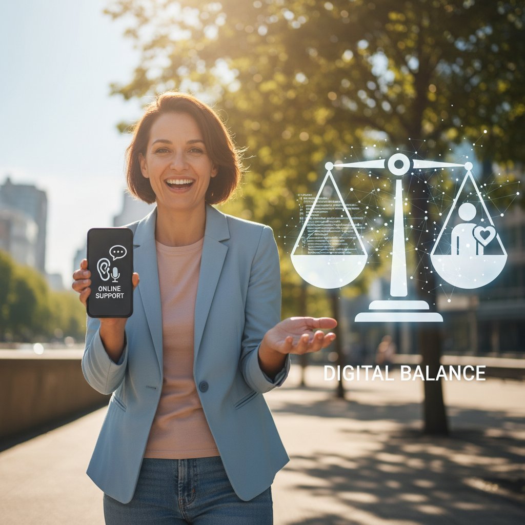 Osoba spacerująca z telefonem, uśmiechnięta, korzystająca z wsparcia online; radość, balans cyfrowy