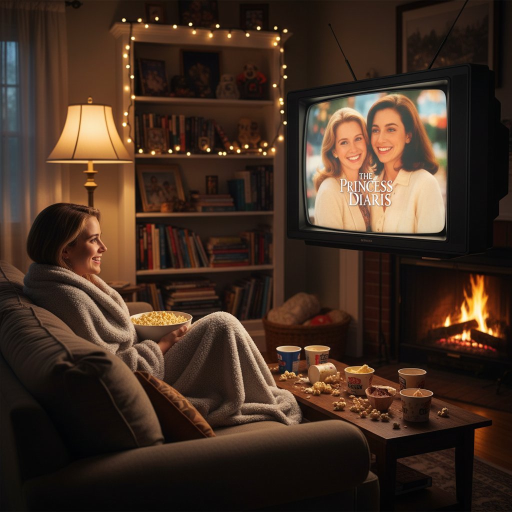 Person watching a popular guilty pleasure movie alone, popcorn, cozy lighting