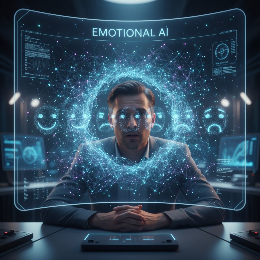 Człowiek patrzący na ekran z wyświetlonym algorytmem AI – pytanie o kontrolę i manipulację