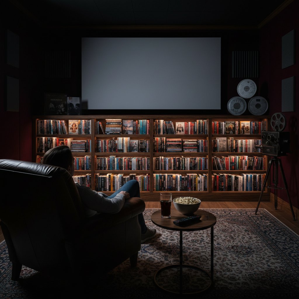 Rare comedy movie collector enjoying a private screening at home, surrounded by stacks of rare DVDs and notebooks