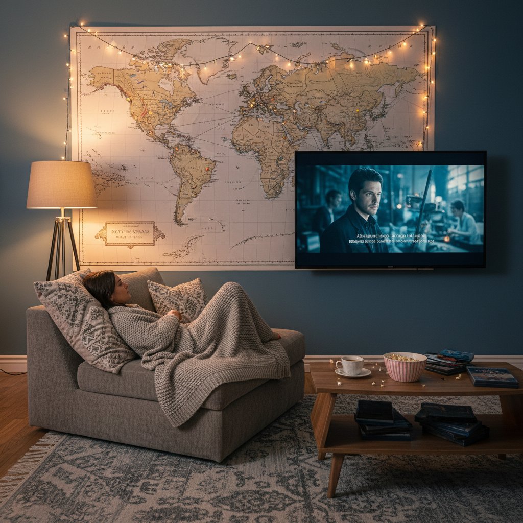 Person watching international films on multiple devices in a cozy room, world map behind them, symbolizing the global reach of modern movie discovery