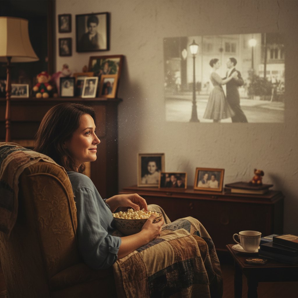 Person watching childhood movie scenes, emotional expressions, memory and nostalgia concept