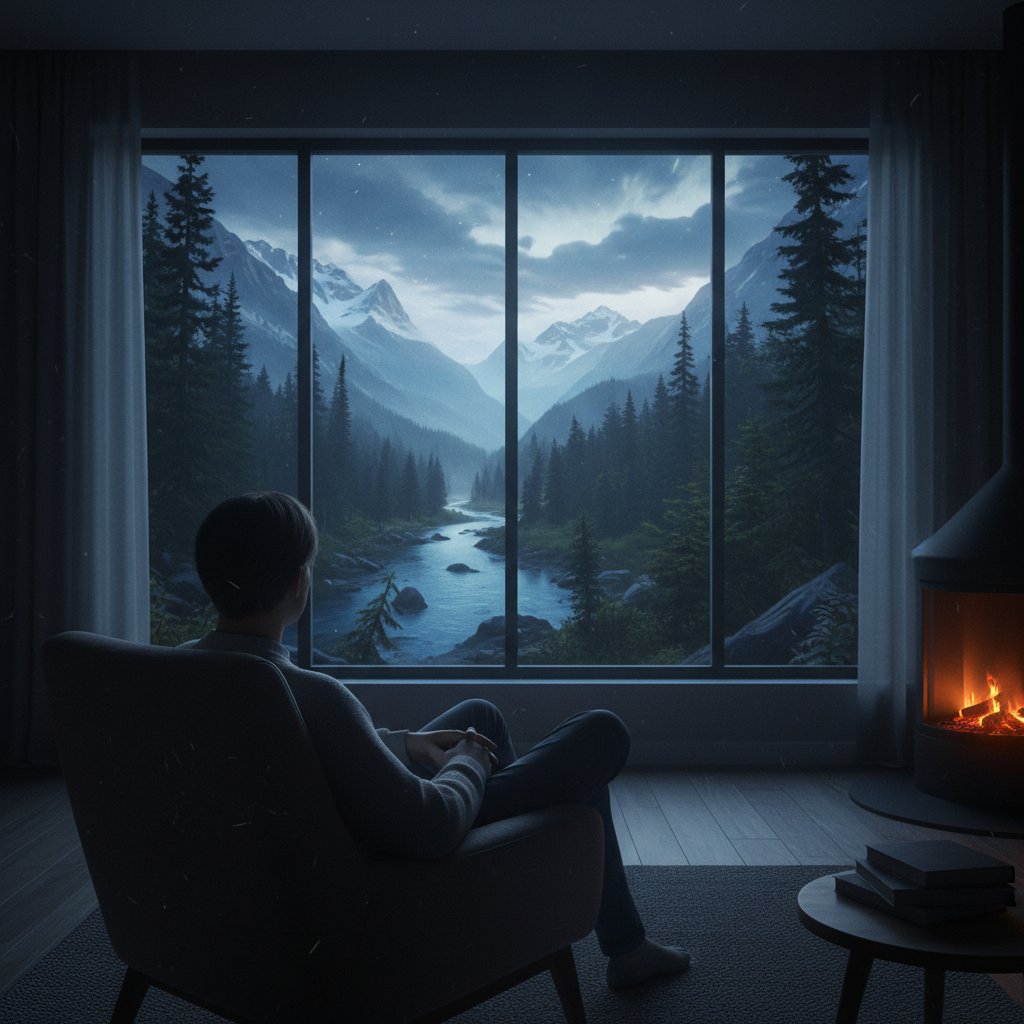 Moody close-up of person watching wilderness movie, reflections of wild landscapes in their eyes