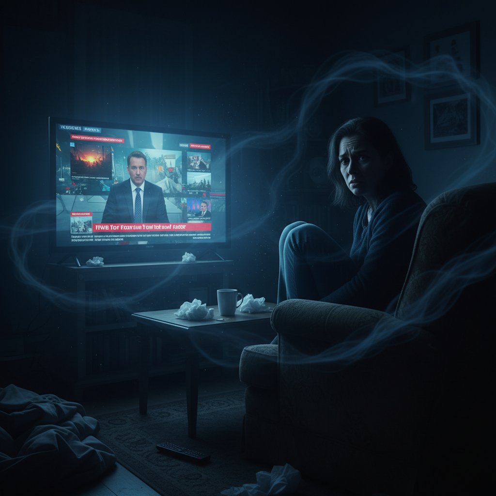 Zdjęcie osoby oglądającej wiadomości na smartfonie w ciemnym pokoju, wyraz twarzy napięty i zaniepokojony