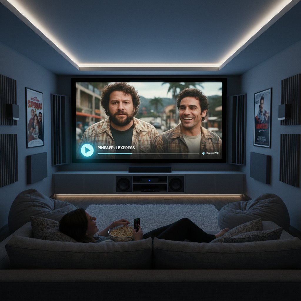 Person watching a seth rogen movie on a streaming service at home, home cinema setup, modern streaming era