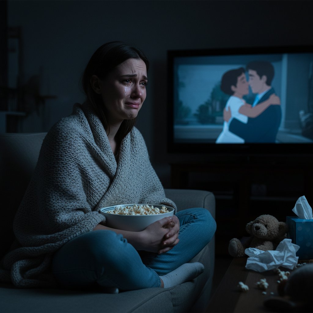 Person absorbed in movie, emotion on face, TV glow, emotional viewing, sadness and comfort
