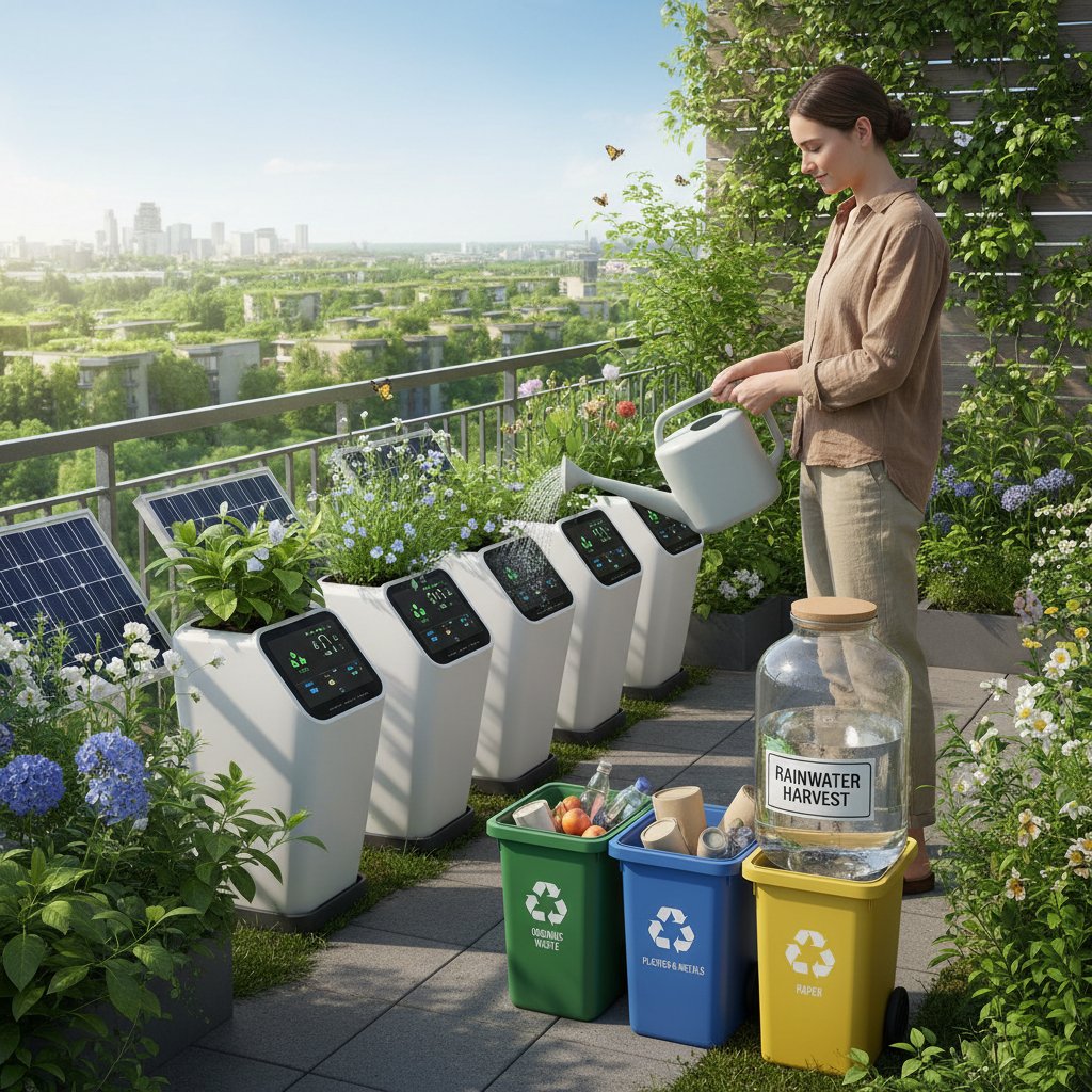 Osoba podlewająca rośliny w smart doniczkach, w tle widoczna segregacja odpadów
