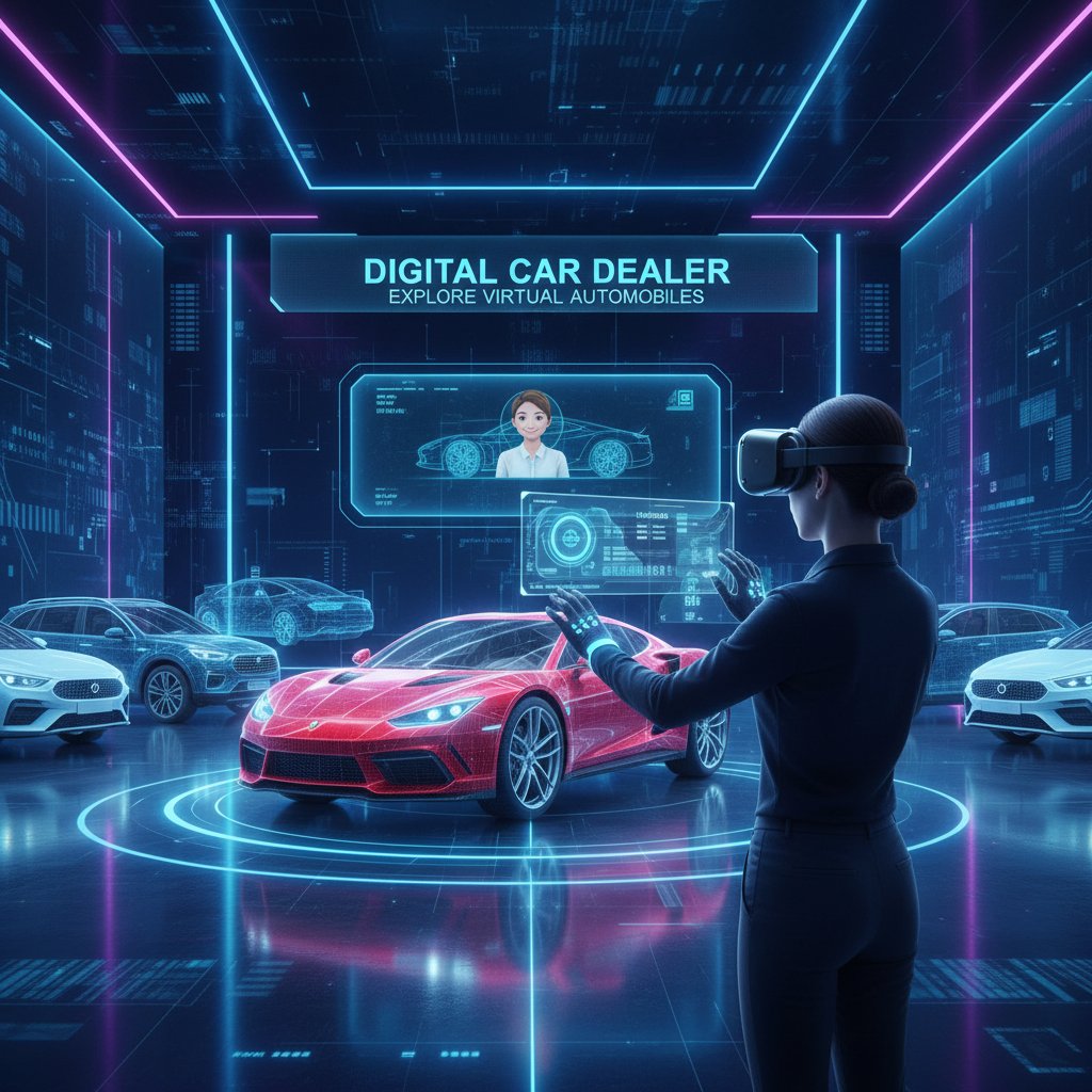 Person wearing AR headset experiencing a virtual car showroom, digital car dealer innovation