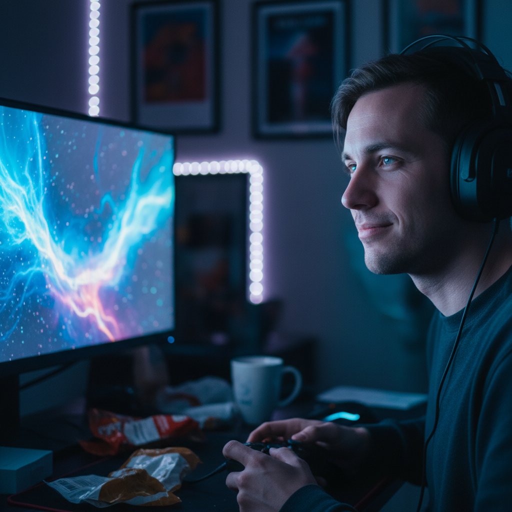 Osoba słuchająca rosyjskiego online w stanie zamyślenia, słuchawki i światło ekranu odbijające się w oczach