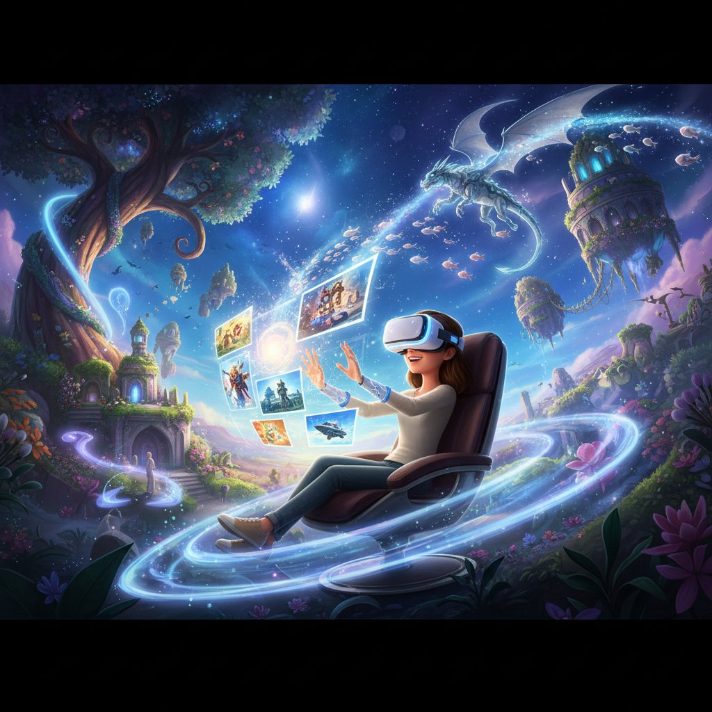 Person wearing VR headset, surrounded by animated movie scenes, experiencing immersive storytelling