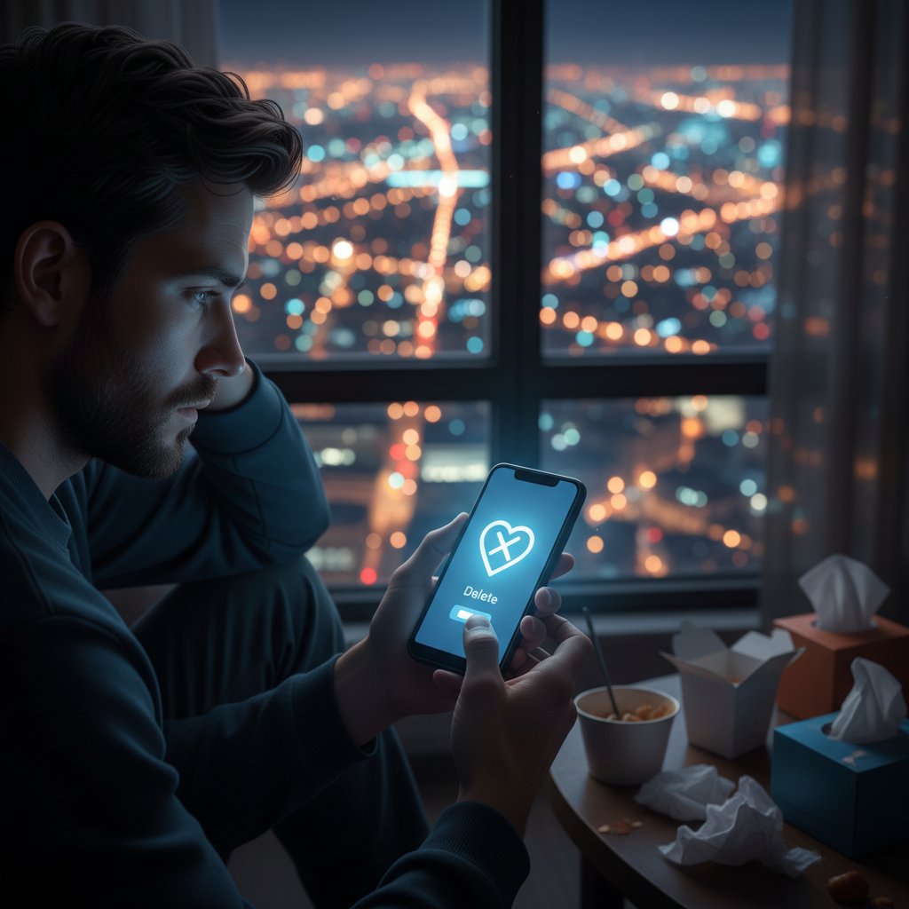 Person looking weary while deleting a dating app from their phone, city lights in the background, symbolizing dating burnout