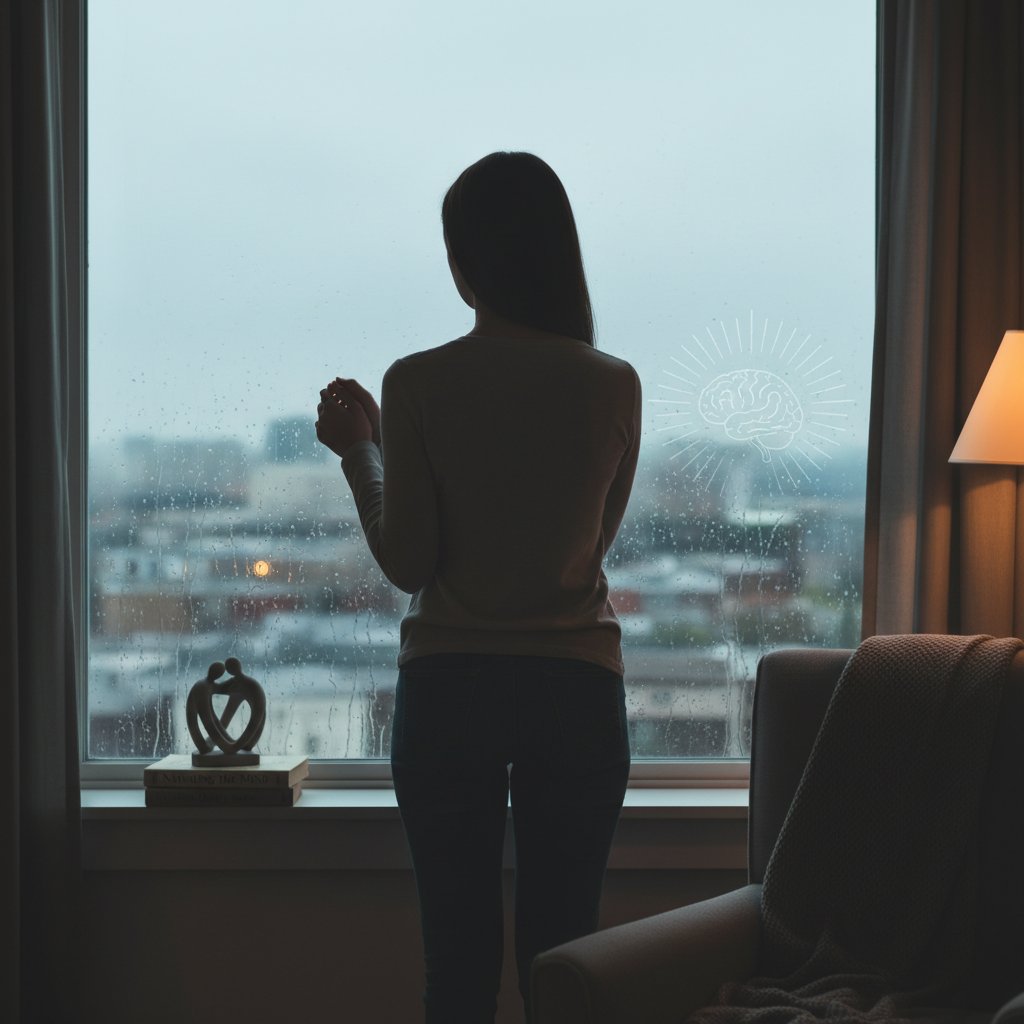 Osoba siedząca w oknie, zamyślona, wsparcie psychologiczne przy nadpotliwości