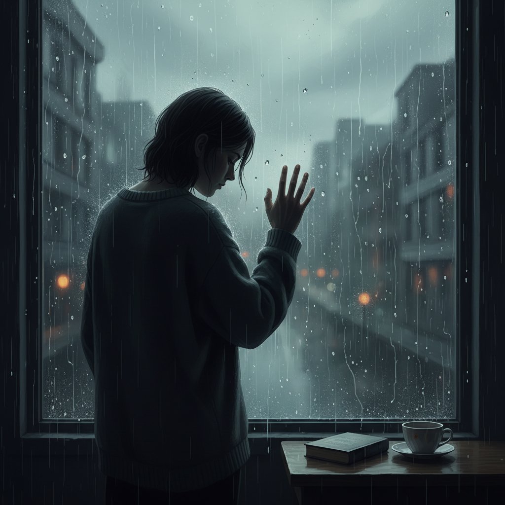 Osoba zamyślona patrząca przez okno, metafora samotności