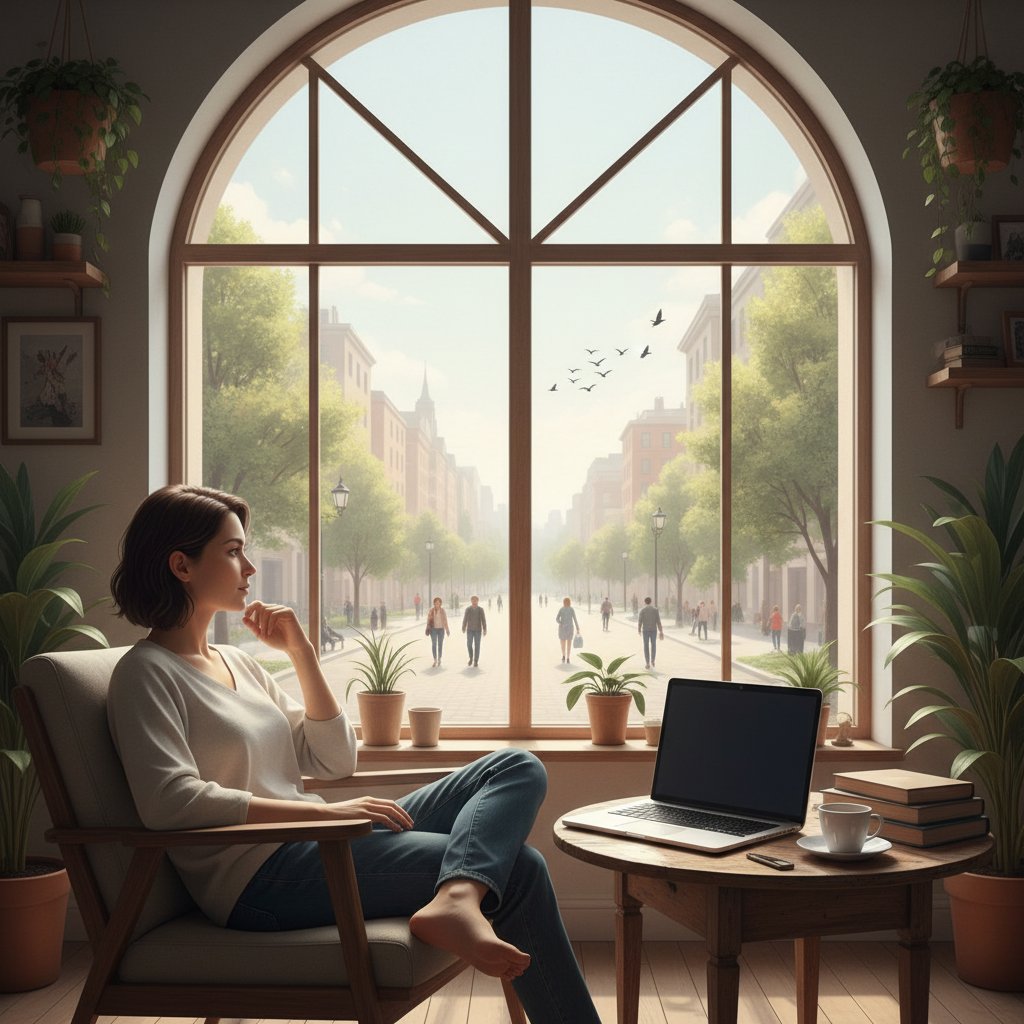 Osoba siedząca przy oknie z laptopem, zamyślona, obrazująca analizę objawów po pandemii