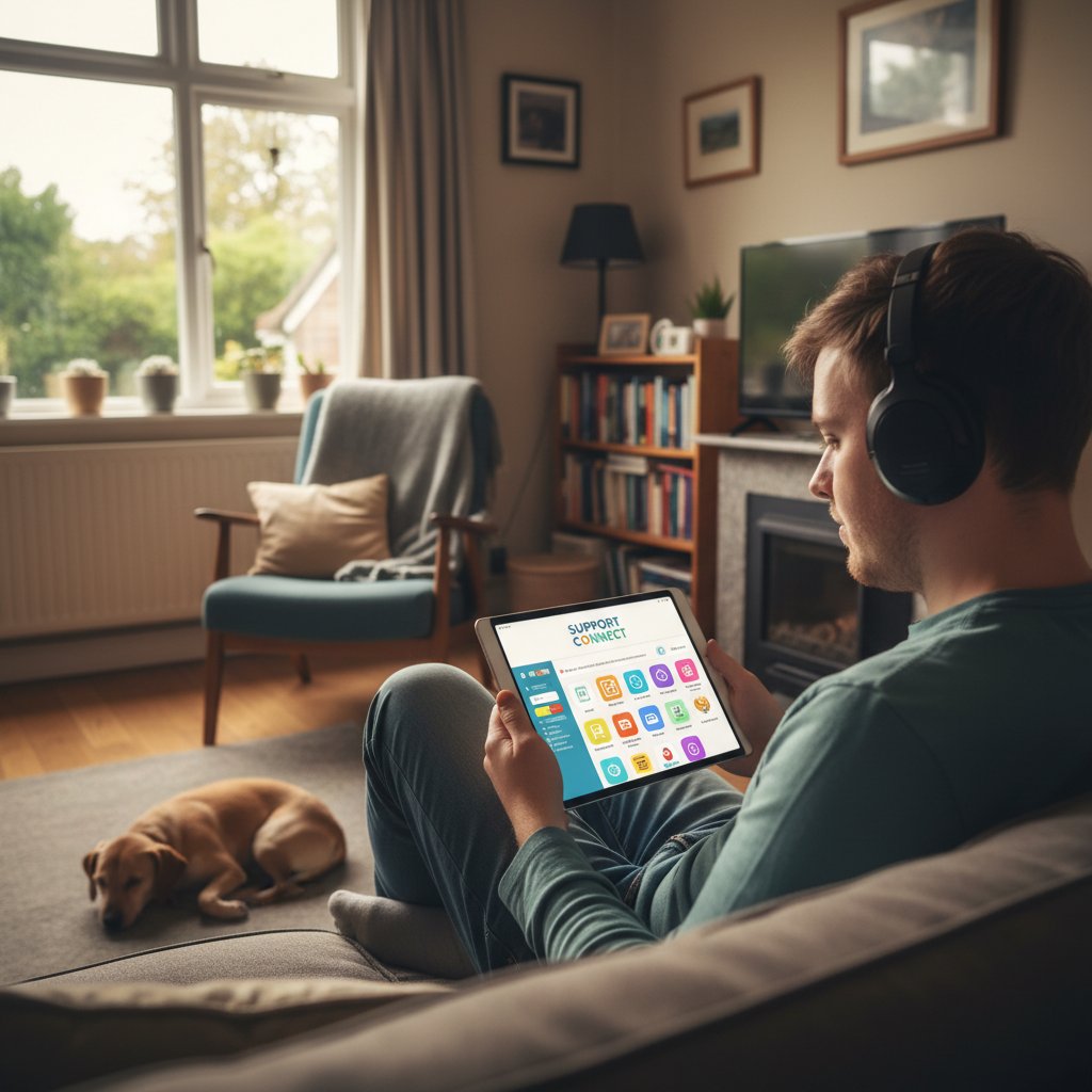 Osoba z autyzmem korzystająca z aplikacji na tablecie w domowym zaciszu