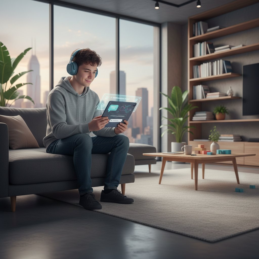 Osoba z autyzmem korzystająca z aplikacji AI na smartfonie, nowoczesne wnętrze