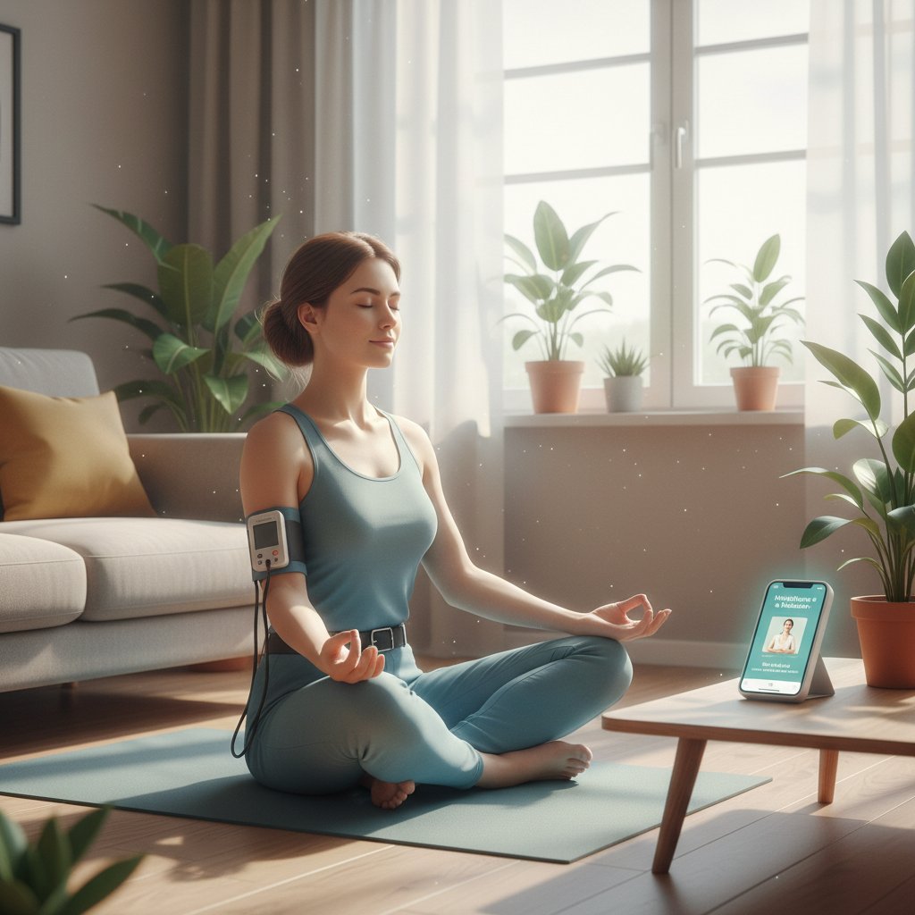 Osoba z holterem ciśnieniowym praktykująca mindfulness, odprężenie