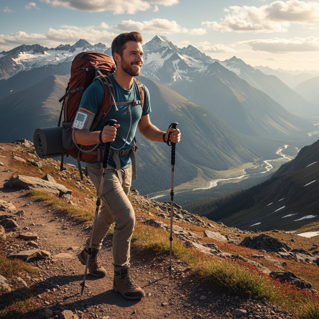 Osoba z holterem ciśnieniowym podczas trekkingu w górach