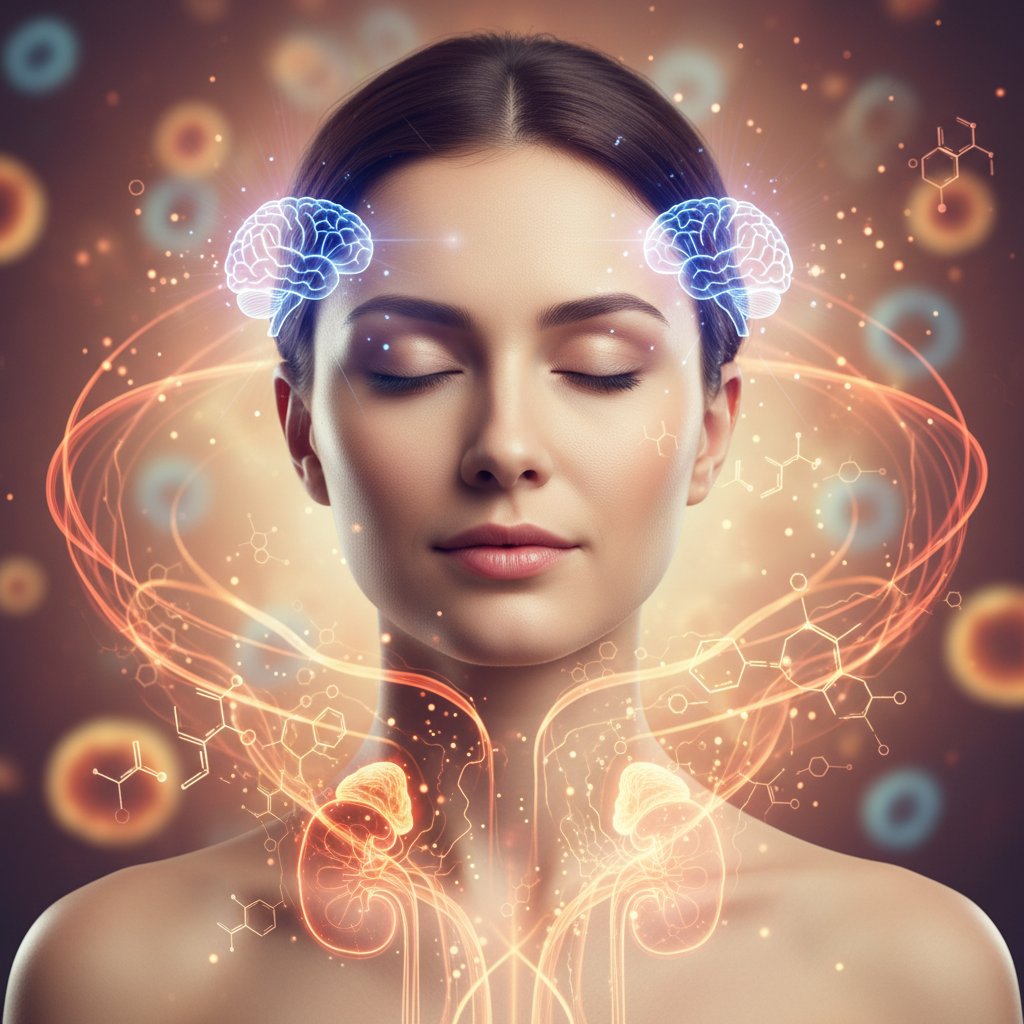 Ilustracja osoby z zamkniętymi oczami, z naniesionymi na głowę i nerki symbolami połączeń