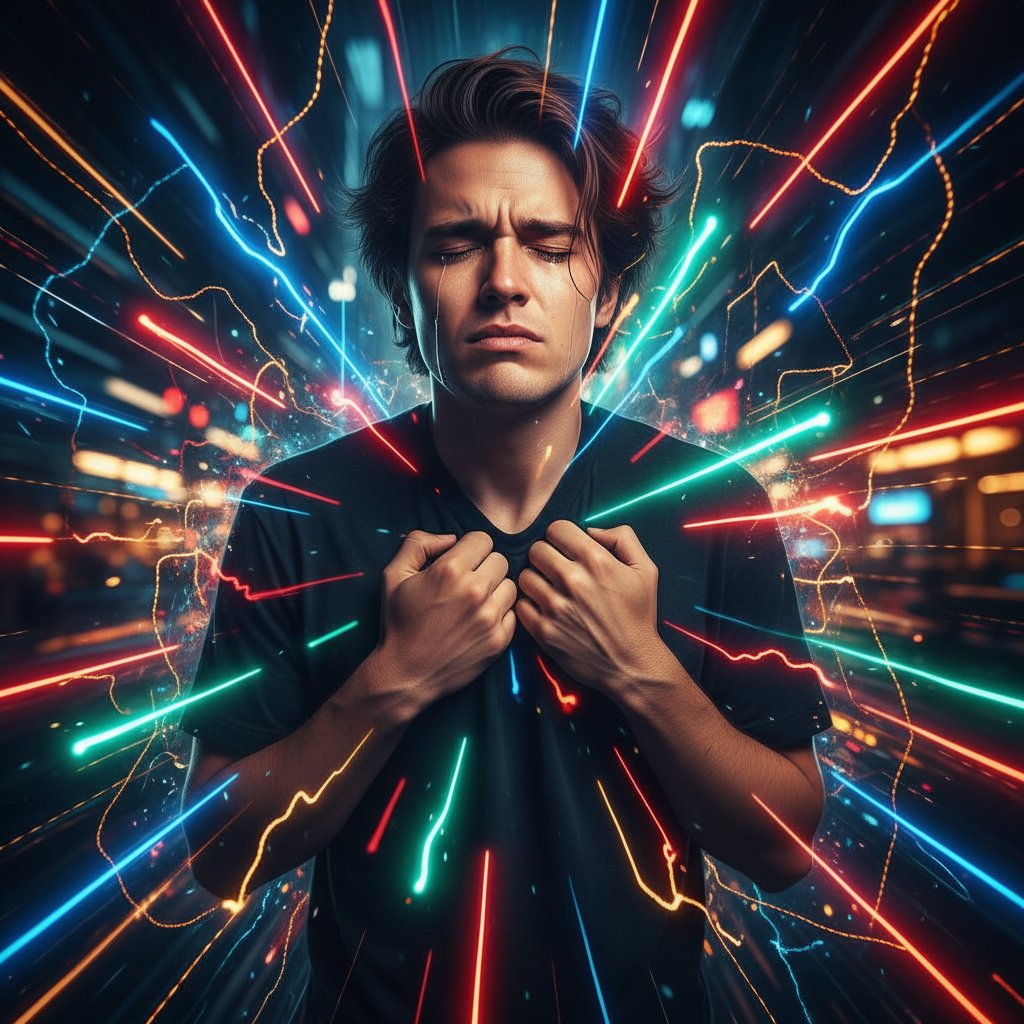 Osoba z zamkniętymi oczami, pośród migających świateł, symbolizujących burzę emocjonalną